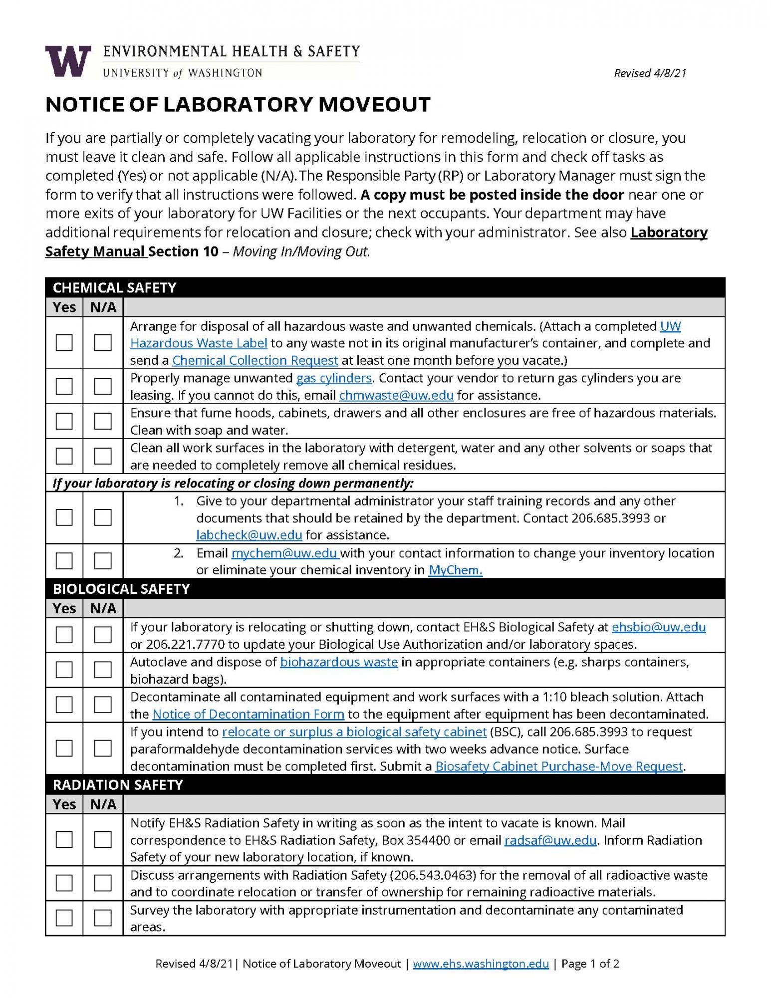 Instructions for laboratory moveout EHS